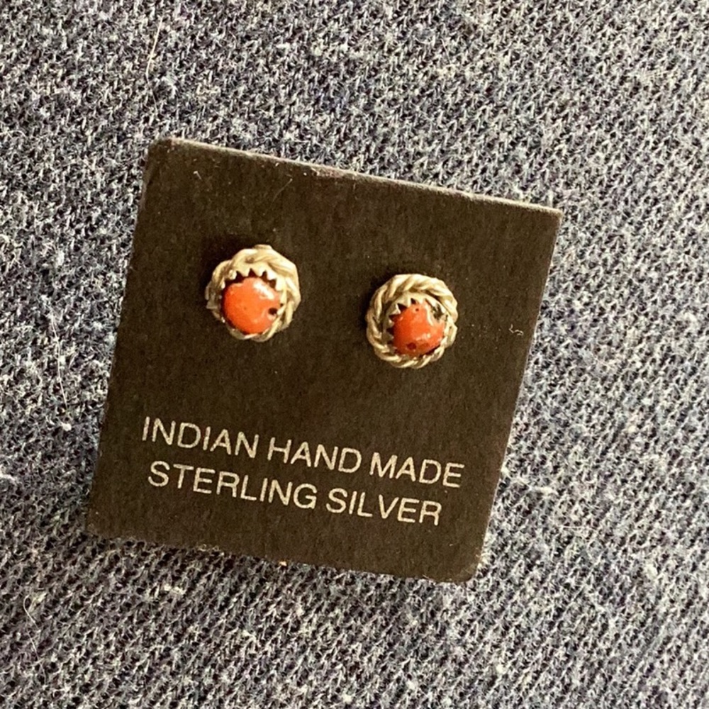 Earrings Childs Hearts Sterling Silver Red Coral Unworn